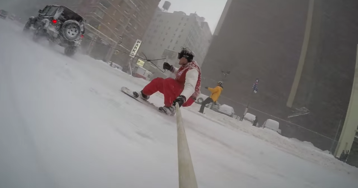 Video Snowboarding in NYC through a blizzard Huck Huck